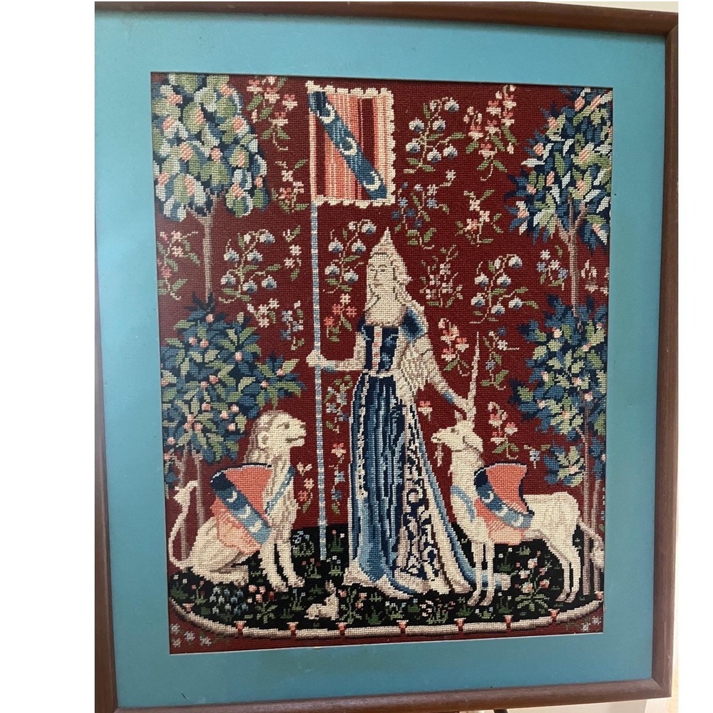 Vtg Framed Needlepoint‎ Tapestry Mythological Cottagecore Lady and the Unicorn